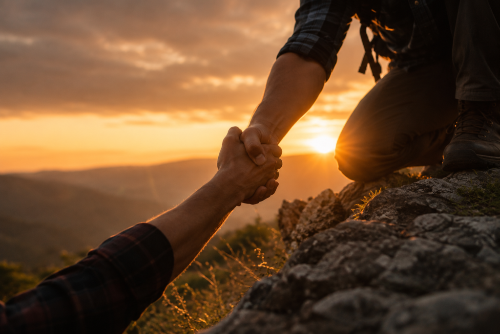 Una persona tomando de la mano a otra en el atardecer