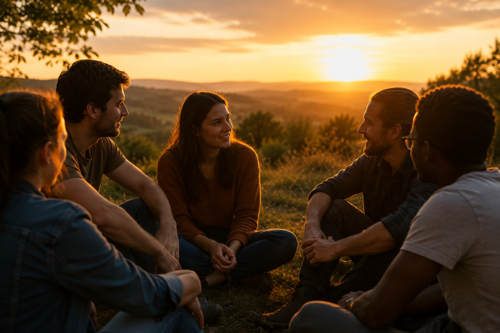 Un grupo pequeño de personas sentadas en círculo al aire libre durante un atardecer, conversando, ambiente cálido y cercano, estilo fotográfico realista, sin texto ni palabras