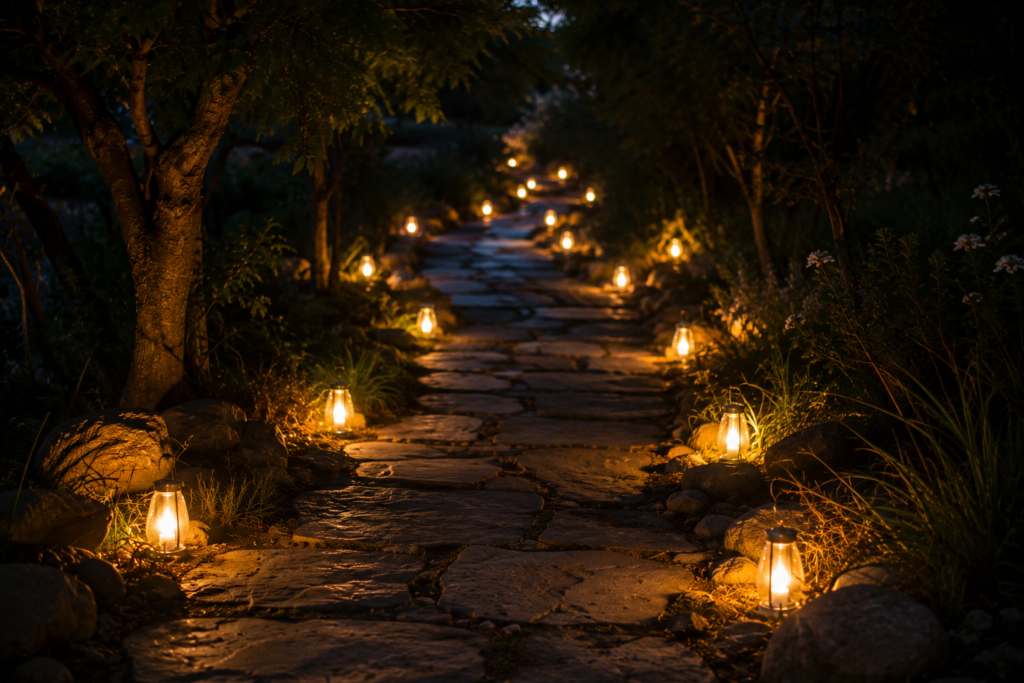 Un camino de piedras iluminado por pequeñas luces o velas guiando hacia adelante en la oscuridad, sensación de guía paso a paso, estilo fotográfico realista, atmósfera cálida y esperanzadora, sin texto ni palabras