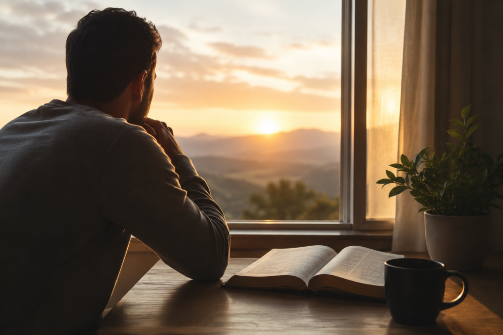 
Una persona de espaldas o de perfil, mirando hacia un horizonte o ventana con luz natural — transmite introspección y un "dejar atrás" simbólico. También funciona bien una imagen de una persona sosteniendo o leyendo la Biblia con luz suave entrando por una ventana.