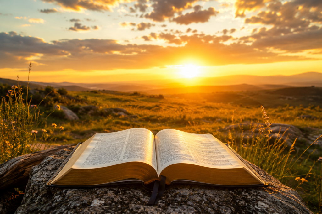 Biblia abierta sobre una roca durante un amanecer dorado en el campo