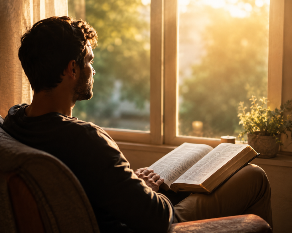 persona leyendo la biblia frente a una ventana