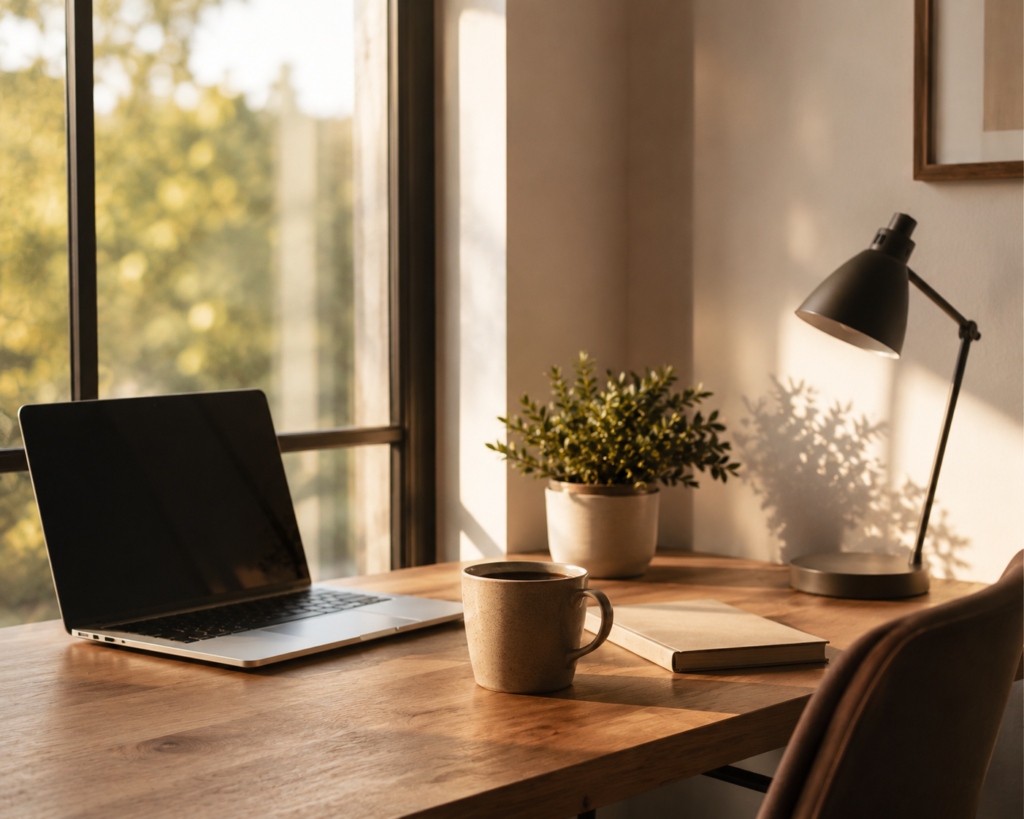 Una tasa de café en una mesa de escritorio