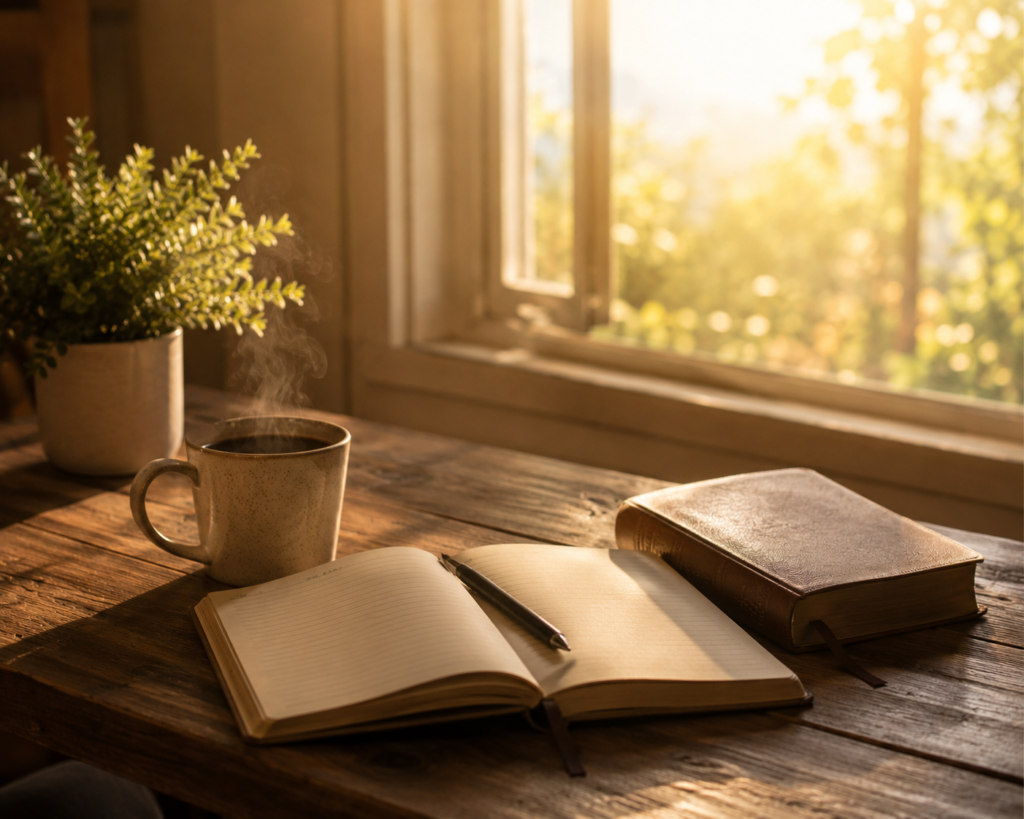 Una tasa de café con cuaderno de trabajo en una mesa